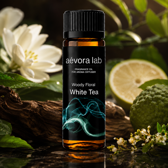 White Tea Woody Floral Fragrance Oil – Amber bottle white tea floral fragrance oil for diffusers | Aevoralab Australia