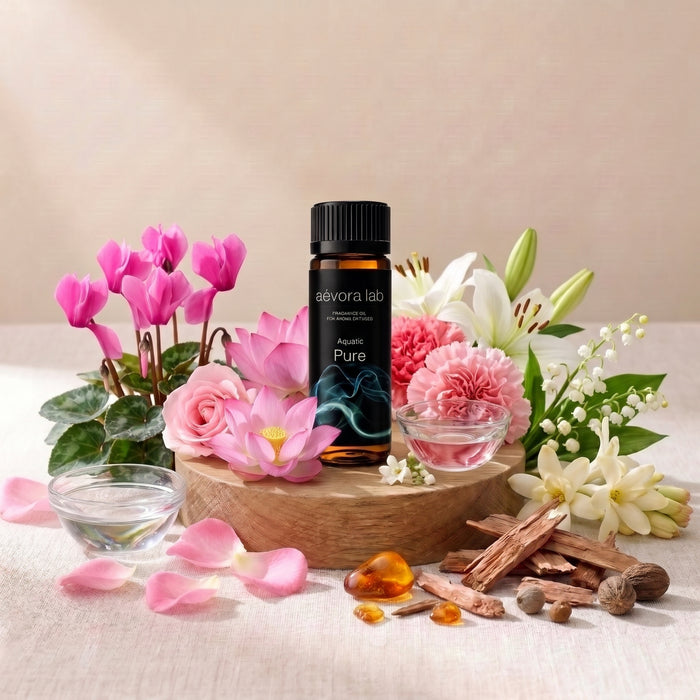 A bottle of devora lab Aquatic Pure essential oil displayed on a wooden stand, surrounded by pink and white flowers, cinnamon sticks, and small glass bowls on a neutral beige background.